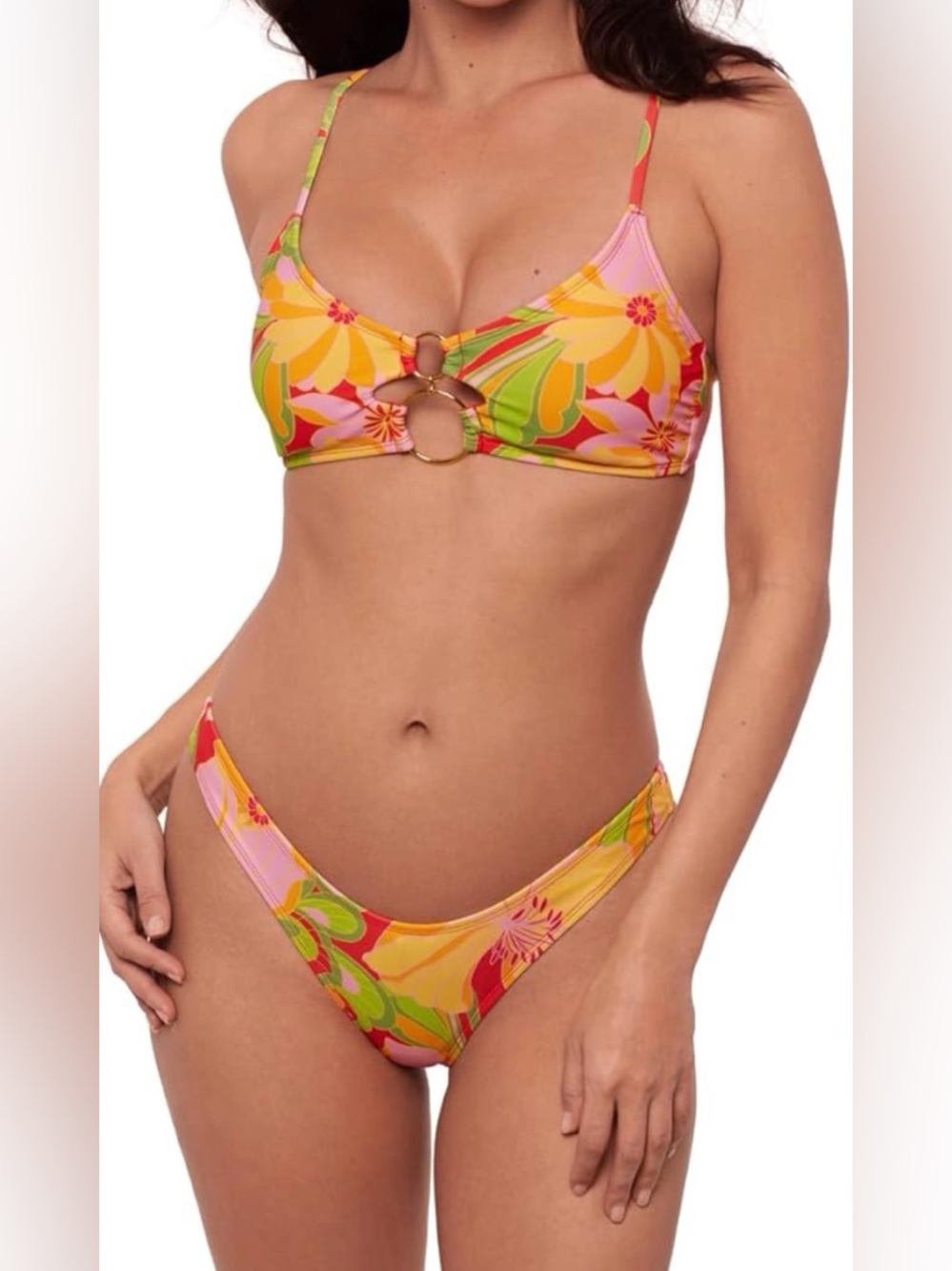 Sports Illustrated Swim Floral Ring-Front Bikini set in Pink, Yellow & Green
